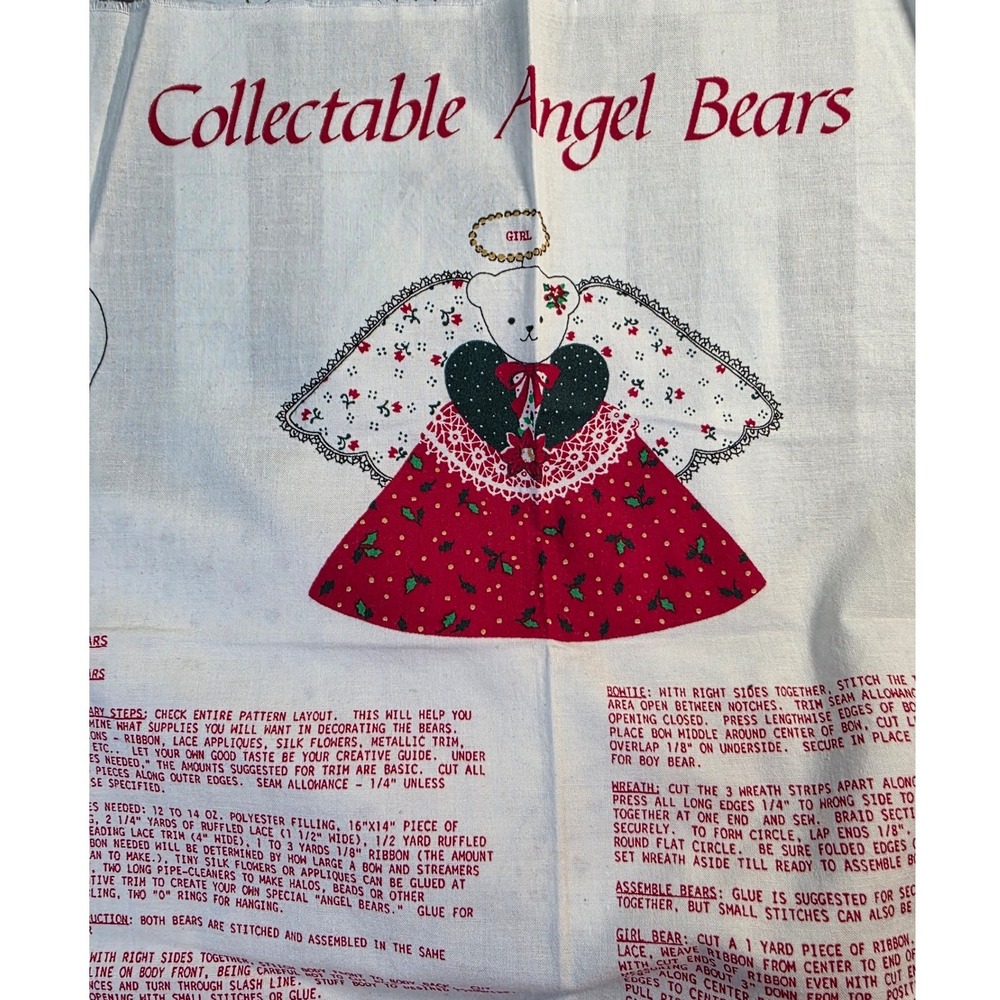 Collectable Angel Bears Sewing Fabric Panel Red Green Holiday